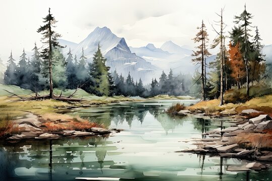 Watercolors of mountain landscapes