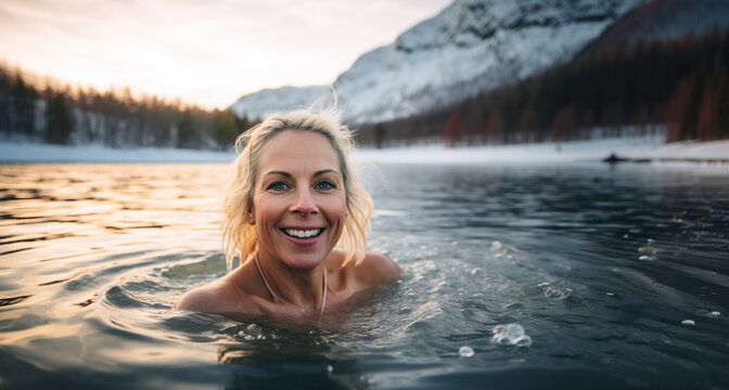 AI generated image of mature woman swimming on icy lake in winter