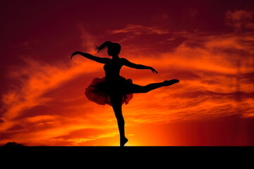Fototapeta na wymiar girl ballerina on the background of the sunset orange sky generative ai