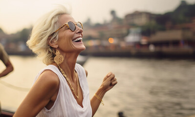 Fototapeta na wymiar AI generated image of happy mature senior female on vacation