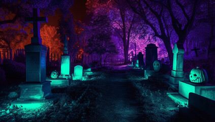 graveyard style halloween background with pumpkins with space for text