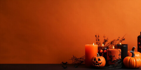 halloween background with pumpkins on an orangre backdrop with space for text