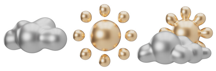 Golden 3D sun and silver clouds group on transparent background, PNG. Cut out design elements. 3D render.