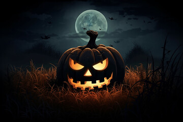 scary halloween background with pumpkin and bats