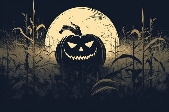 scary halloween background with pumpkin and bats