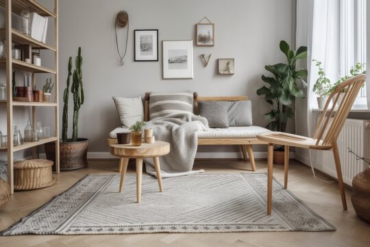 With a wooden seat, a grey sofa, pillows, palid, a mock up picture frame, macrame, a plant, books, a carpet, decorations, and tasteful personal accessories, the Scandinavian interior design has an ope