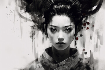 generative ai geisha with folwers - obrazy, fototapety, plakaty