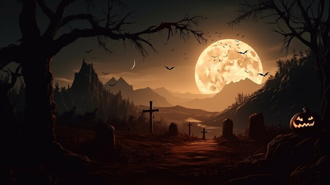 graveyard style halloween background with pumpkins with space for text
