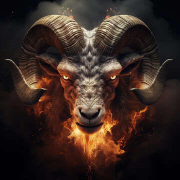 Image of angry bighorn sheep face and flames on dark background. Wildlife Animals. Illustration, Generative AI.