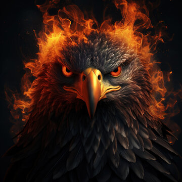 Image of angry an eagle face and flames on dark background. Wildlife Animals. Illustration, Generative AI.