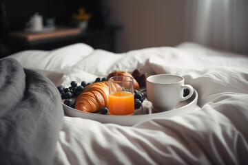 Sweet breakfast of croissants, berries and drink in bed. Generative AI - obrazy, fototapety, plakaty