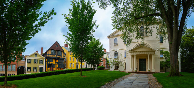 Providence downtown street landscape with historic landmark houses and the First Baptist Church in America founded in 1638 by Roger Williams in Rhode Island