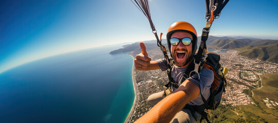 Man on a paraglider taking a selfie on the descent