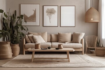 With a mock up poster frame, a beige wooden sideboard, and furnishings with a bohemian influence, this contemporary and creative beige living room is composed. Template. Generative AI