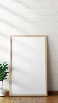 Video mockup, picture frame blank template, poster print wooden frame mock up, artwork painting photo presentation, vertical, cozy living room, minimalist aesthetic