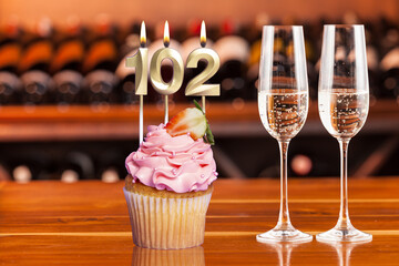 Cupcake With Numbers And Glasses With Wine For Birthday Or Anniversary