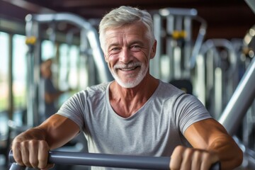 Portrait of senior man working out gym fitness, fitness concept. Senior healthy lifestyle with fitness gym and healthy life middle aged man