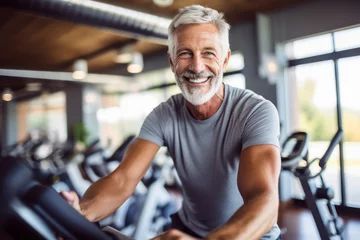 Fotobehang Fitness Portrait of senior man working out gym fitness, fitness concept. Senior healthy lifestyle with fitness gym and healthy life middle aged man