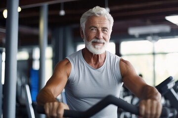 Portrait of senior man working out gym fitness, fitness concept. Senior healthy lifestyle with fitness gym and healthy life middle aged man - 623438025