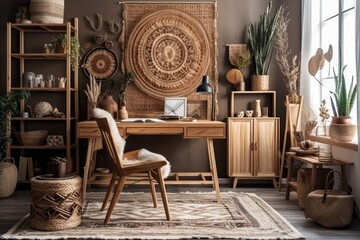 With a wooden desk, a chic chair, a bamboo shelf, carpet, macrame, a mock up poster frame, office supplies, decorations, and personal accessories, this contemporary composition of a home office area i