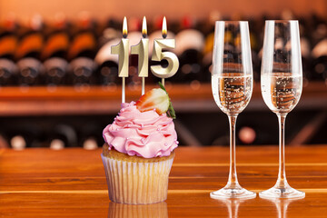 Cupcake With Numbers And Glasses With Wine For Birthday Or Anniversary