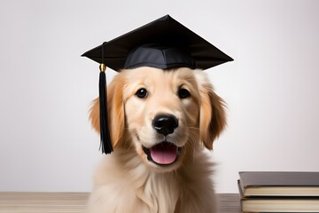 golden retriever in graduation hat on white background