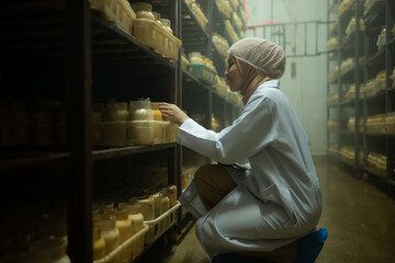 Fototapeta na wymiar Young asian muslim female scientist doing research at a mushroom factory, examining mushroom leavening agent in a sterile and temperature-controlled room.