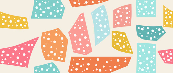 Vector flat illustration. Trendy abstract seamless pattern of various colored shapes with white polka dots on a beige background. Perfect for screensaver, poster, card, invitation or home decor.
