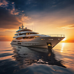 Luxury yacht docked at sunset, golden skylight, calm ocean, exclusive seafaring lifestyle, moored in harbor, tranquil marine scene, opulence - obrazy, fototapety, plakaty