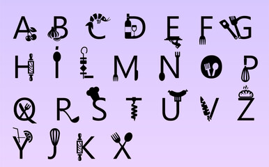 Cooking Alphabet. Culinary font, capital letters: tools, food and drink. 