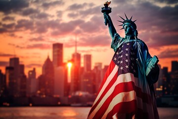 Obraz premium Statue of Liberty with the flag of the United States of America on the background New York city. Independence Day. AI generated