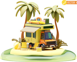 Vector camper van on the beach. Offroad camper on the sandy tropical beach, portable camping chairs, RV with kayak boat on the roof, beach ball and palm trees