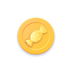 Golden game coin. Coin icon, gold medal. Coin with candy. Graphic user interface design element game coin. Money symbol game elements. Bank payment symbol. Purchases in the game, ultimate fate