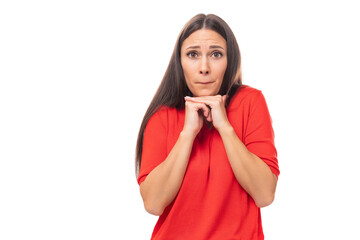 surprised brunette woman in red stylish v-neck blouse with eyes wide open