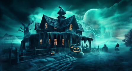 bat horror night dark moon halloween grave cemetery pumpkin holiday. Generative AI.