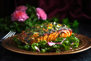 fried fish steak with herbs in a plate. generative ai