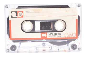 Audio cassette tape side B, isolated on white background, vintage 80's music concept.