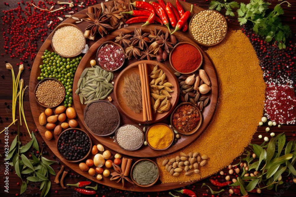 Poster table with condiments and vegetables top view generative ai