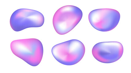 3d gradient liquid blob shape. Abstract holographic iridescent fluid bubble form. Chrome fluorescent hologram geometry object. Chameleon effect set. Chromatic metal multicolor surface texture. - obrazy, fototapety, plakaty