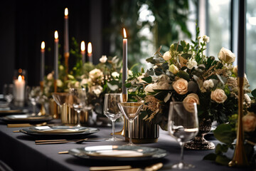 wedding banquet table with crockery and candles generative ai