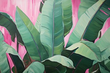 Green Banana Leaves in Vibrant Pink, A Folk and Orientalist Style Painting with Glossy Finish, Generative AI