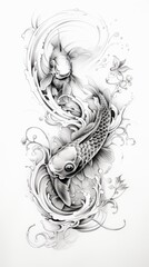 Fototapeta premium Two Koi Fish Swimming in Japanese Style Black and White