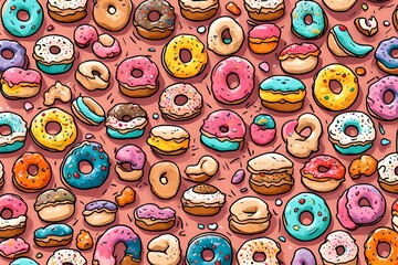 Cute cartoon doughnuts pattern. (AI-generated fictional illustration)
