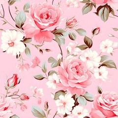 Pretty seamless pink rose pattern background, created with generative AI technology