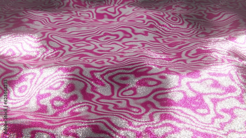 Poster abstract 3d glitter background. sparkling pink and white textured fabric. groovy retro lines and wav