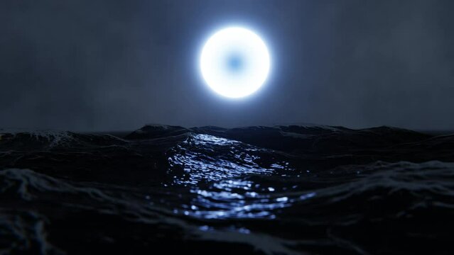 3D nature background. Abstract moon in the night sky. Animation of storm. Ocean waves, moonlight reflection on water surface. Seamless loop wallpaper. 4k 30 fps video, motion design