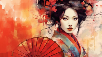 generative ai. geisha colored with watercolors - obrazy, fototapety, plakaty