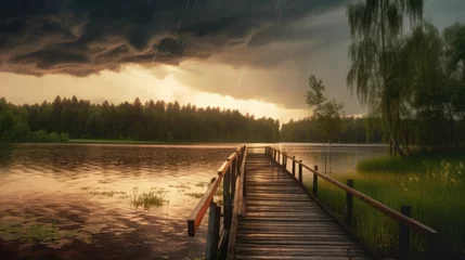 Foto op Plexiglas a wooden bridge over a body of water, a picture, romanticism, sun after a storm © jambulart
