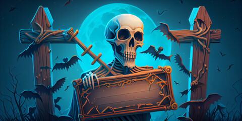 halloween 2023 sales banner background with a skeleton holding a banner