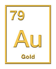 Gold, chemical element, taken from periodic table, with relief shape. Noble and precious metal with chemical symbol Au (for Latin aurum), and with atomic number 79. Isolated, over white, illustration.